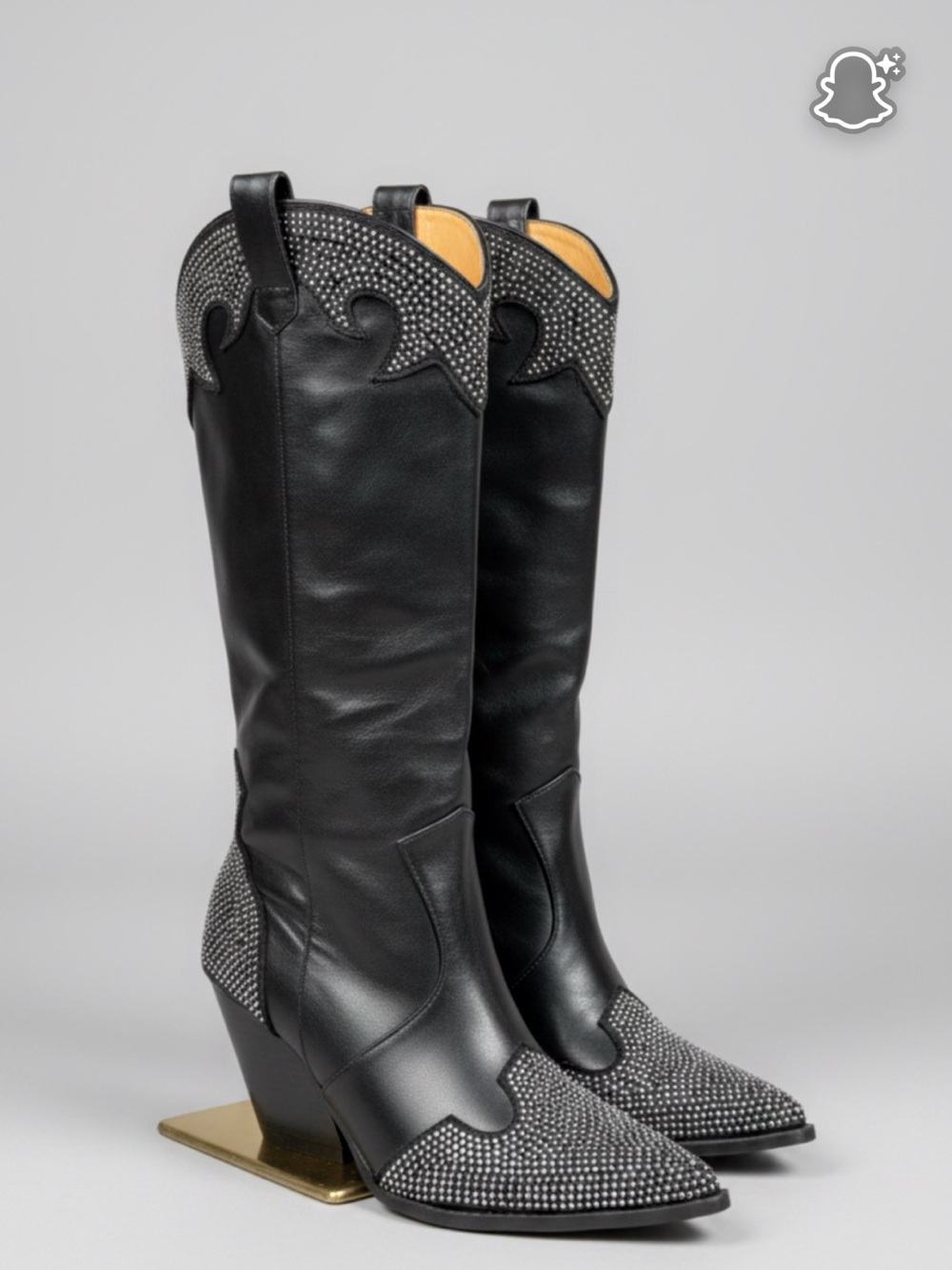 Black Embellished Western Knee-High Boots